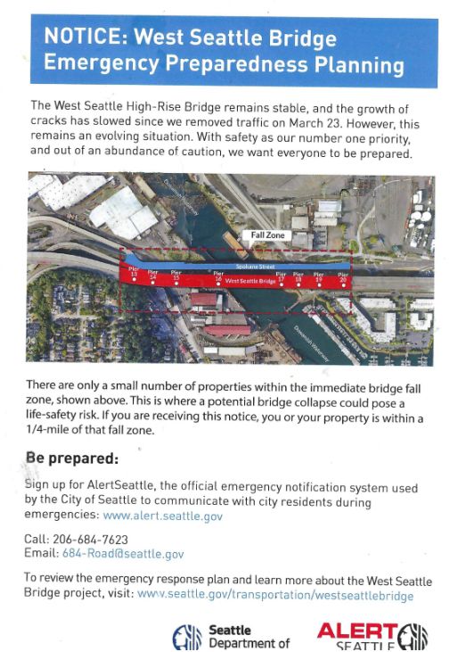 Image is a May 2020 notice from the Seattle Department of Transportation to those in properties within the immediate bridge fall zone, saying a potential bridge collapse could pose a life-safety risk. It has a bird's eye view of homes near the West Seattle Bridge and the low Spokane bridge, surrounded by bureaucratic text from the Seattle transportation department, phone numbers to learn more, etc.