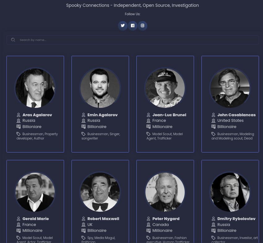 This is a screenshot of the front page of SpookyConnections.com. It shows the faces of eight millionaires or billionaires, along with their names, nationalities, income level, and occupations.