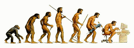 A well-known image which shows an amusing take on human evolutio. At the left, a monkey walking with four limbs on the floor. By the time evolution reaches the midpoint, it's a man standing with a spear and good posture. By the time evolution reaches the far right of the image, the man is hunched over again like the monkey,  two limbs on the floor and two limbs on a computer keyboard.