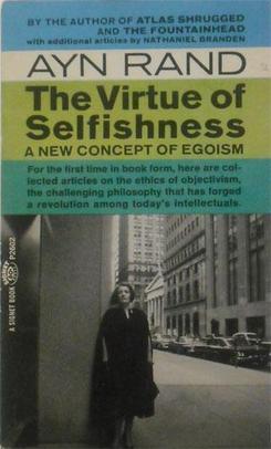 The cover of the 1964 paperback edition of The Virtue of Selfishness by Ayn Rand. It shows her standing on a New York City street.