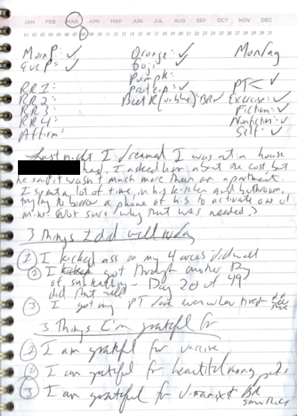 The image shows a page from my logbook. The page shows my writing as described in the post, and the month and date circled. A portion of the page is redacted for privacy.