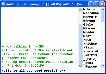 The image shows an Internet Relay Chat window, with the user having typed "Hello to all you good people!" with a smiley emoticon. To the right of the image is a vertical list of various handles for users, such as Jolo and herbie and sat.