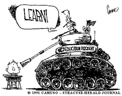 The image shows a tank pointing its gun barrel at a child sitting in a school desk. A soldier's head is poking out the top of the tank's hatch, and the soldier is yelling: "Learn!" The tank has a U.S. flag.