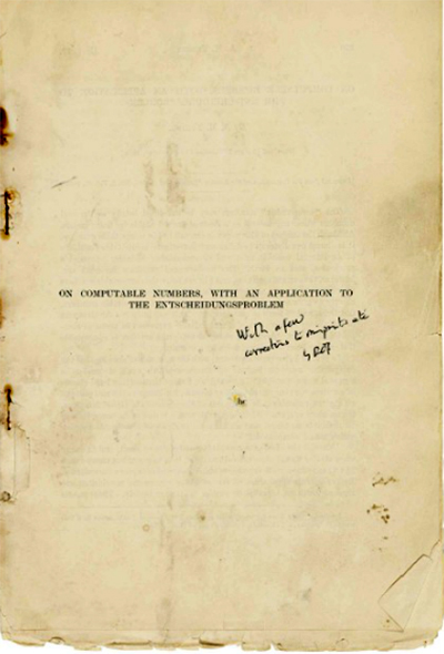 The image shows the yellowed first page of Turing's Computable Numbers paper, with a handwritten addition mentioning that some corrections have been made