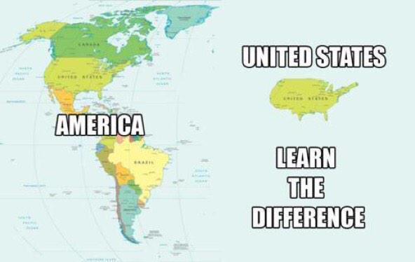 The image is of a western hemisphere map. On the left is North, Central, and South America. The caption labels all these as America. On the right is just the United States by itself. The caption says: United States, learn the difference.