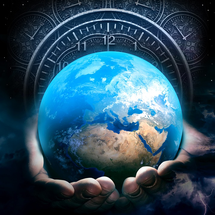 The artwork, in the fantasy surreal genre, shows hands holding the planet Earth in front of the face of an old-fashioned analog clock.