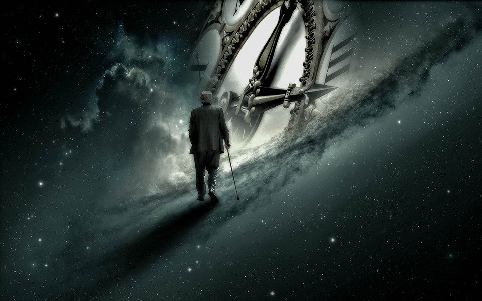 The artwork, in the fantasy surreal genre, mostly shows outer space. In the center is the face of an old-fashioned analog clock. An old man wearing a suit and using a cane is walking through outer space toward the clock.