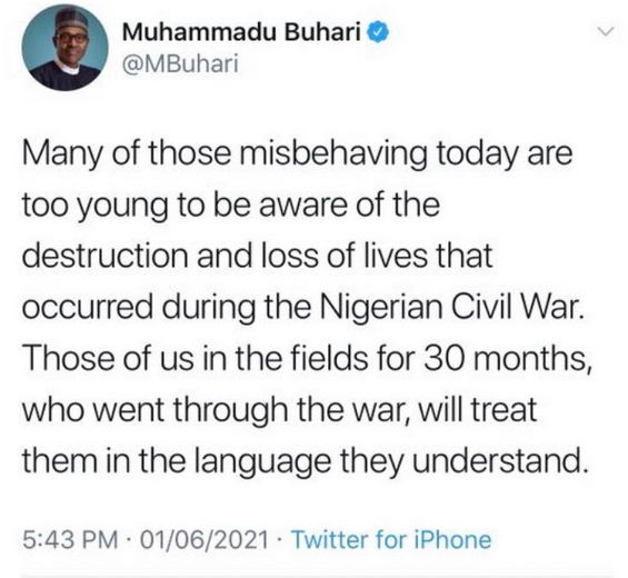 The image is a screenshot of a June 1 tweet from the Nigerian president. It reads as described in the blog post.