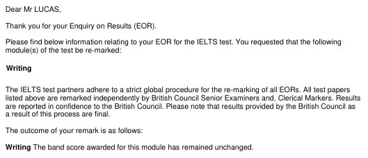 Screenshot of relevant portion of letter from the IELTS people saying their re-marking of my writing test results in no change of score.