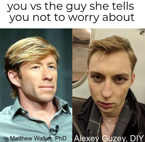 It's the "you vs the guy she tells you not to worry about" meme, with glitzy Matt Walker Ph.d. on the left in the "you" slot, and subway-riding, high or sleep-deprived lookin' Alexey Guzey, DIY on the right in the "guy she told you not to worry about" slot. Walker has a blue dress shirt fit for a country club. Guzey has a very Moscow leather jacket, slightly pink undershirt, legit sexy countenance, and so on.