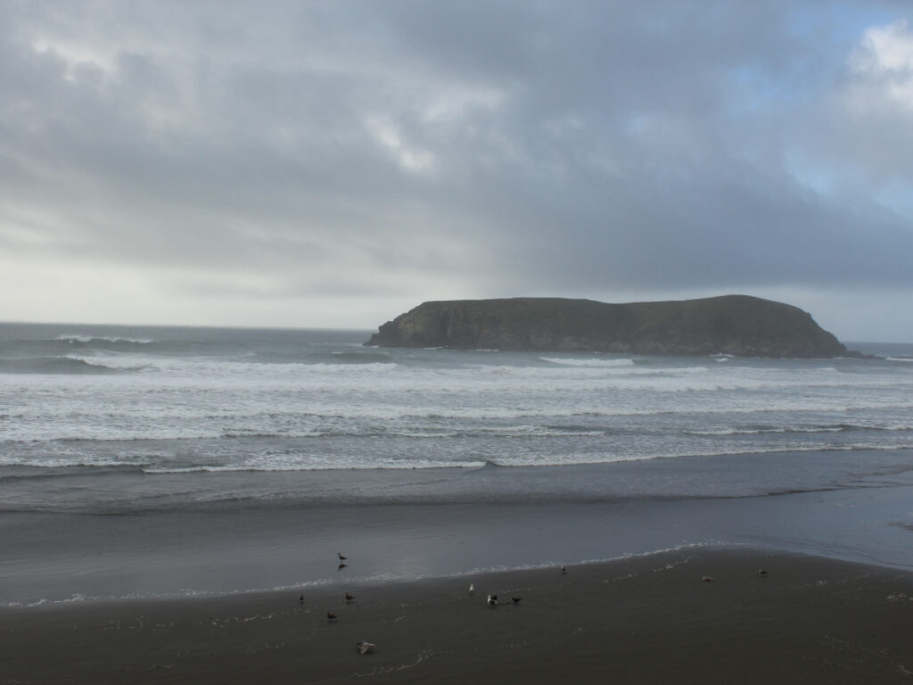 Beach on cloudy day with small island in distance