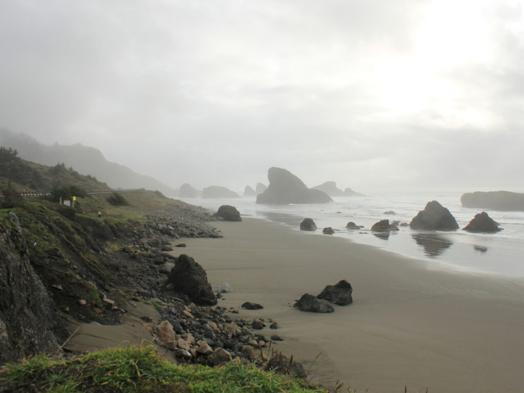 Beach, crags, hills, road, etc.