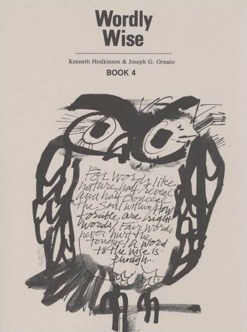 Cover art for Worldly Wise vocabulary book 4 shows a pencil sketch of an owl with words on the owl's front