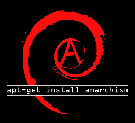 Modification of the Debian logo to include an A for anarchy and command line interface code to the effect of installing anarchism.