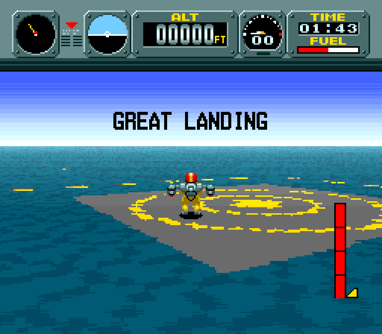 An image from the Super Nintendo game Pilotwings shows a rocketman landed on a pad in the water, with the words "Great landing" above him along with some instrumentation dials.
