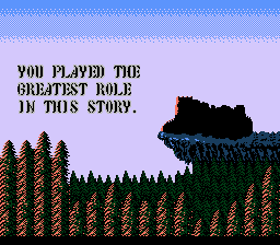 Screenshot from an 8-bit Castlevania video game showing Dracula's destroyed castle and the words: "You played the greatest role in this story."