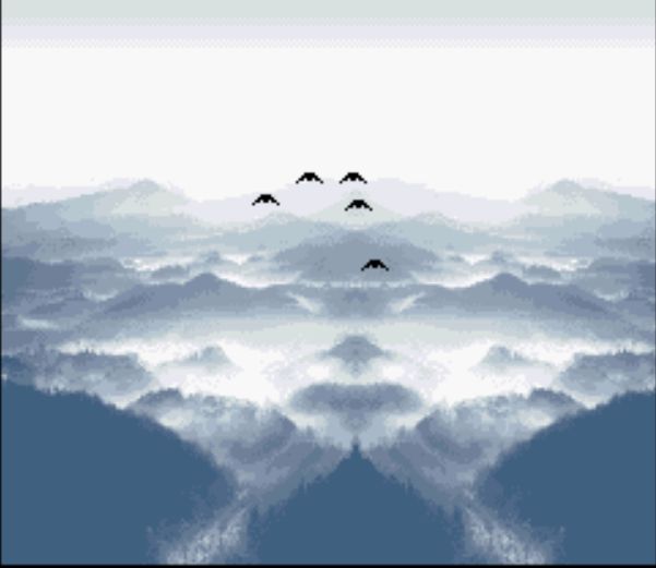 Video game image of birds above mountains, flying into the distance