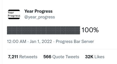 Tweet shows an ASCII progress bar reaching 100% to indicate the end of the year.