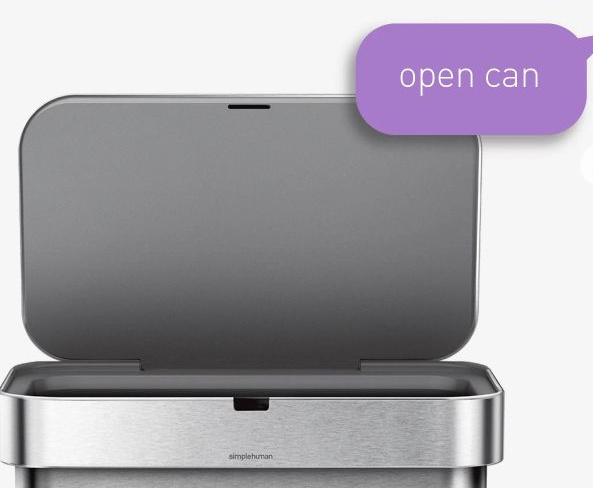 Marketing image of $200 trash can shows its open lid below a dialogue bubble reading: "open can"
