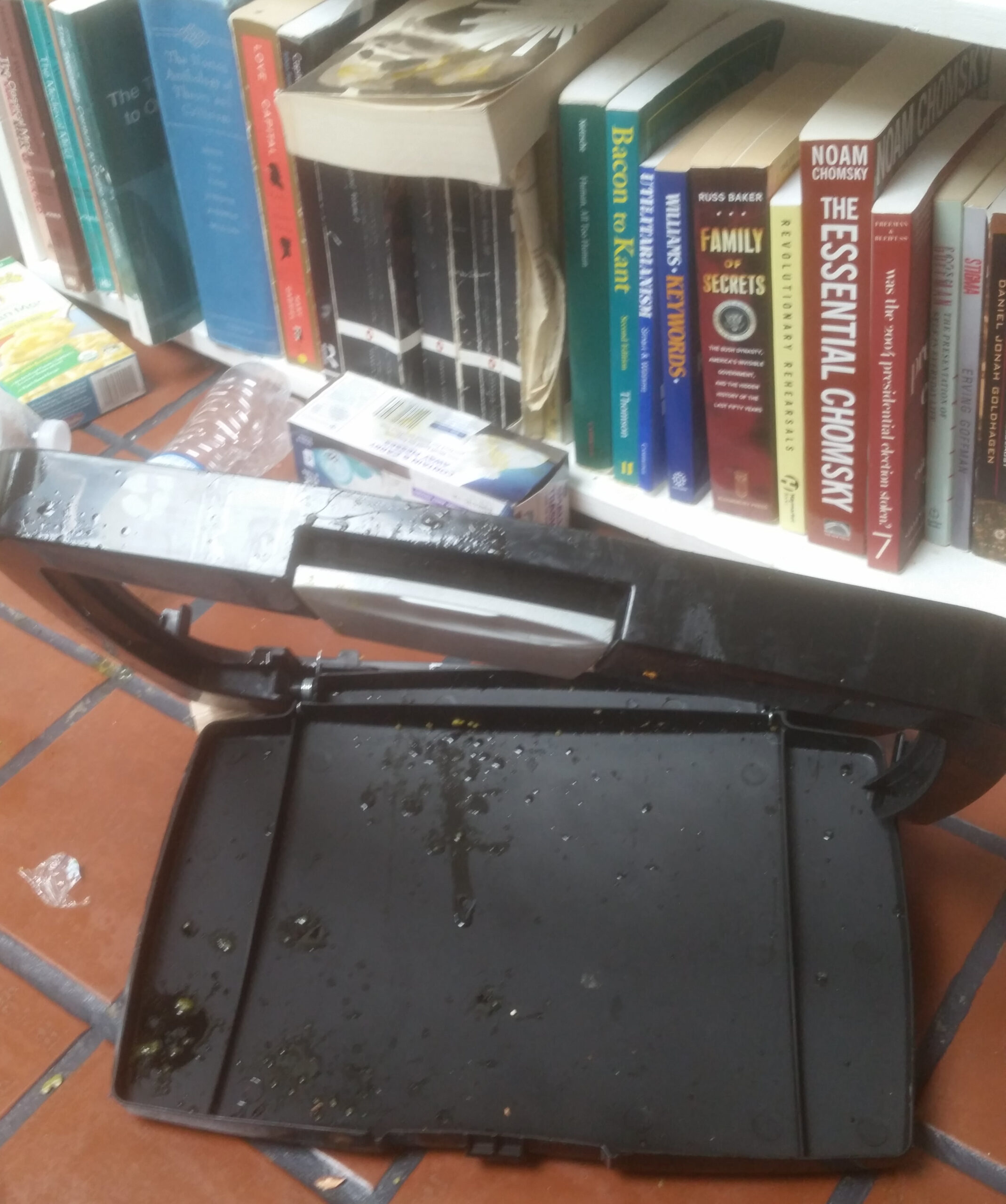 Broken trash can lid, covered in olive oil, in front of a bookcase in my kitchen